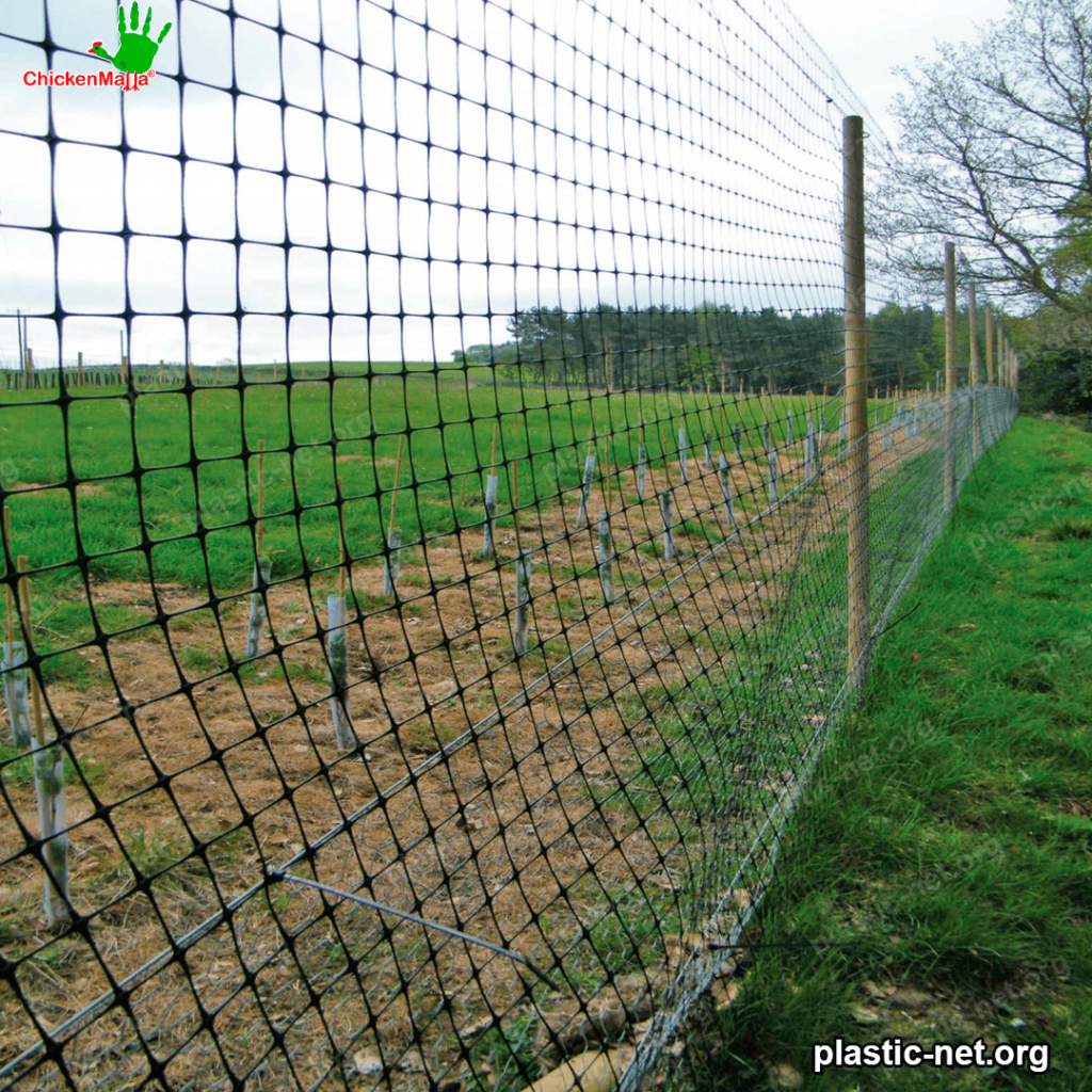 mesh for poultry houses installed in the field with wooden stakes